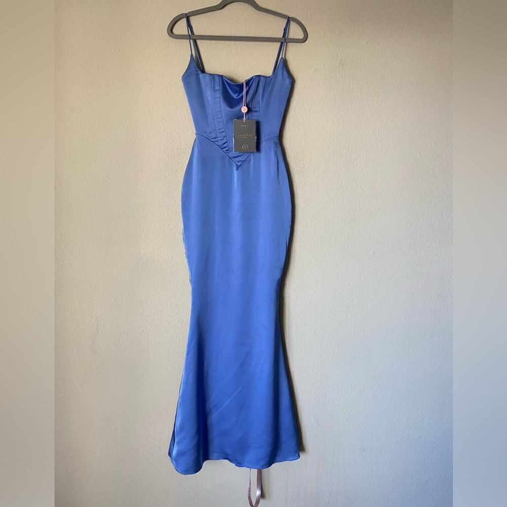 NWT House Of Cb Olivette Periwinkle Satin Maxi Blue Dress Corset Size XS - Picture 10 of 16